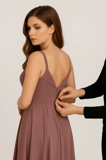 Bridesmaid dress back and closure modifications including zipper adjustments